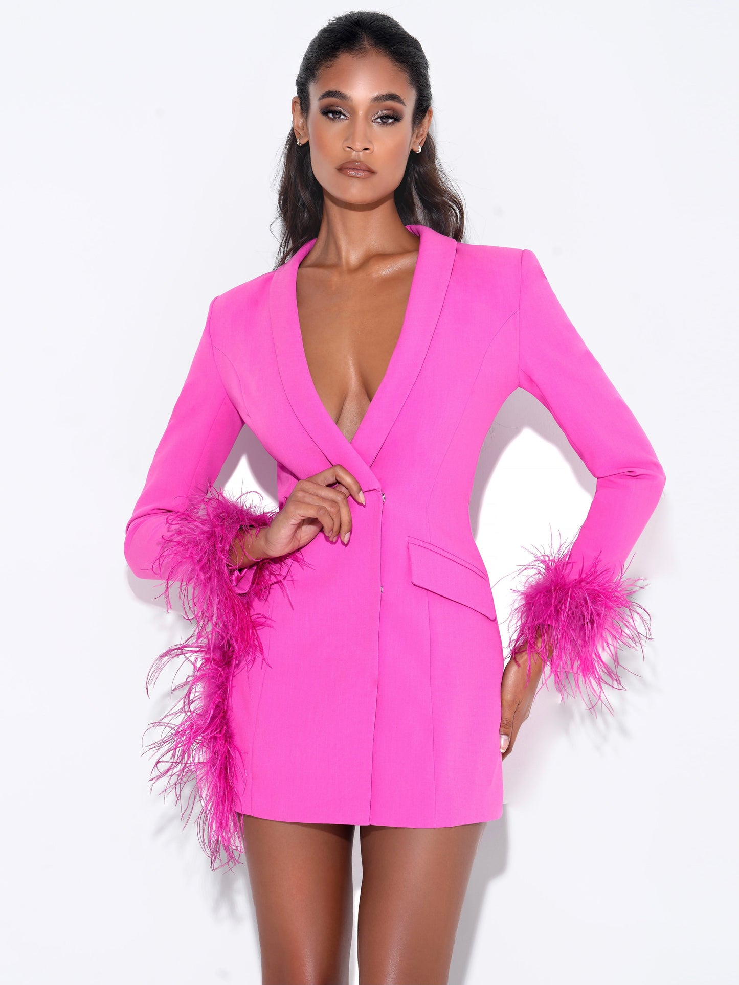 Madeline Fuchsia Feather Trim Blazer Dress  HOUSE OF SHE