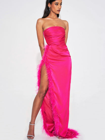 Rin Fuchsia Pink Feather Dress High Slit Gown