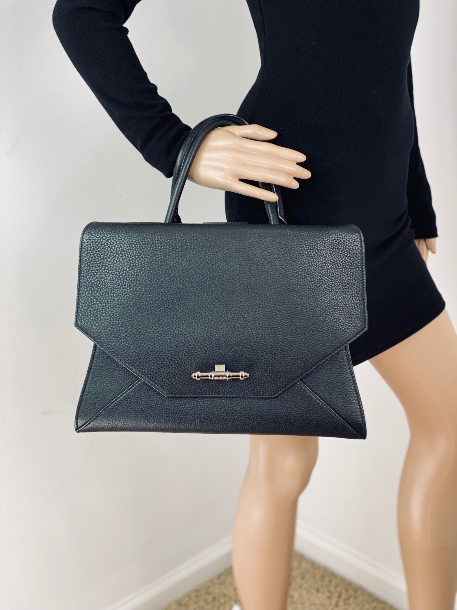 Givenchy Obsedia Medium Flap Black Pebbled Calfskin Satchel Hand Bag - HOUSE OF SHE