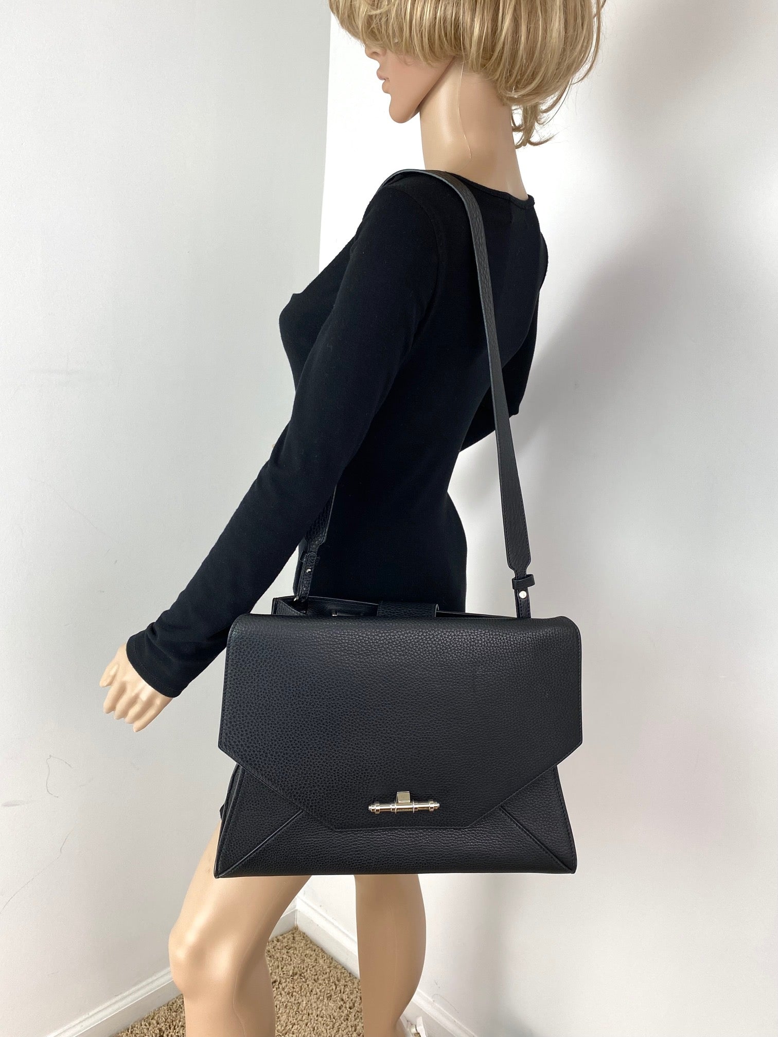 Givenchy Obsedia Medium Flap Black Pebbled Calfskin Satchel Hand Bag - HOUSE OF SHE
