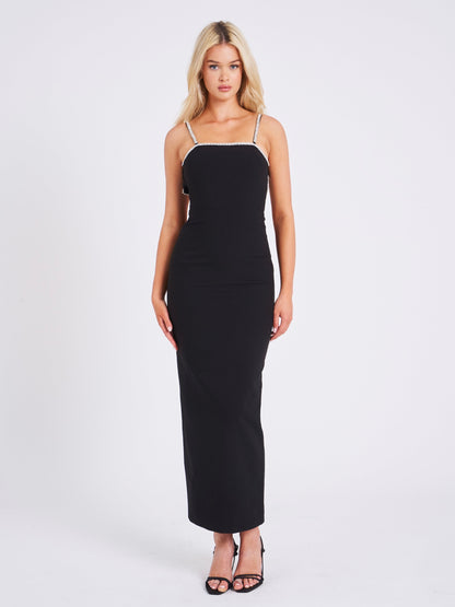 Flore Black Crystal Backless Maxi Bow Dress