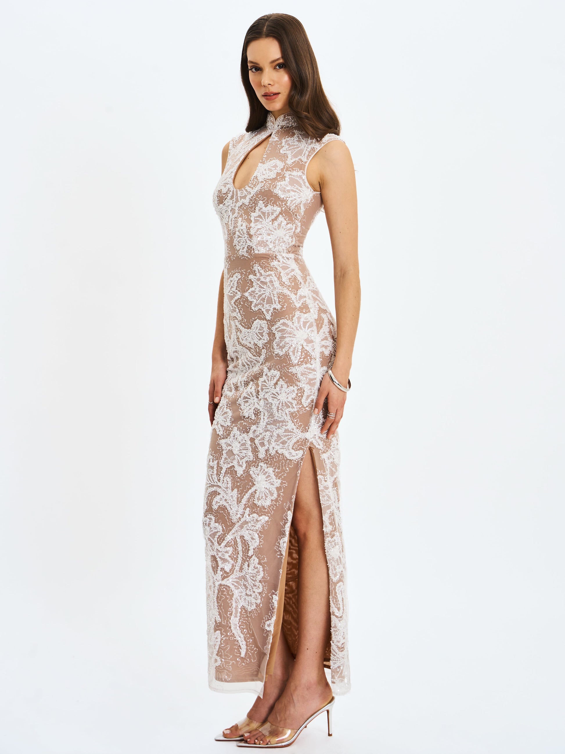 Tavia White Beaded Teardrop Neckline Maxi Dress