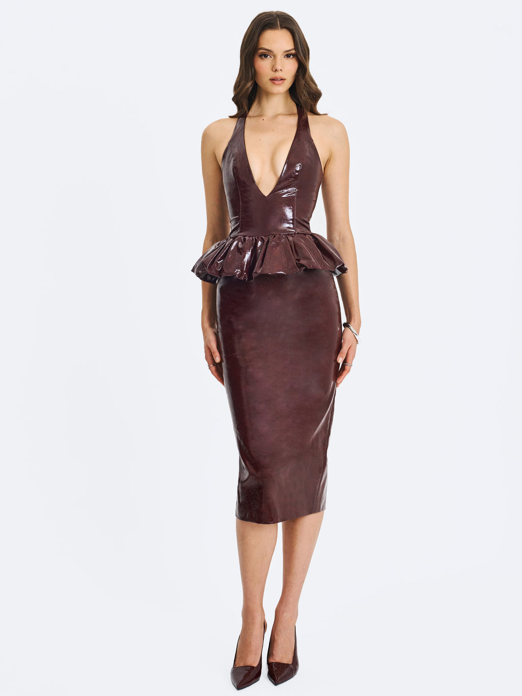 Jaslene Mahogany Ruched Peplum Plunge Halter Midi Dress