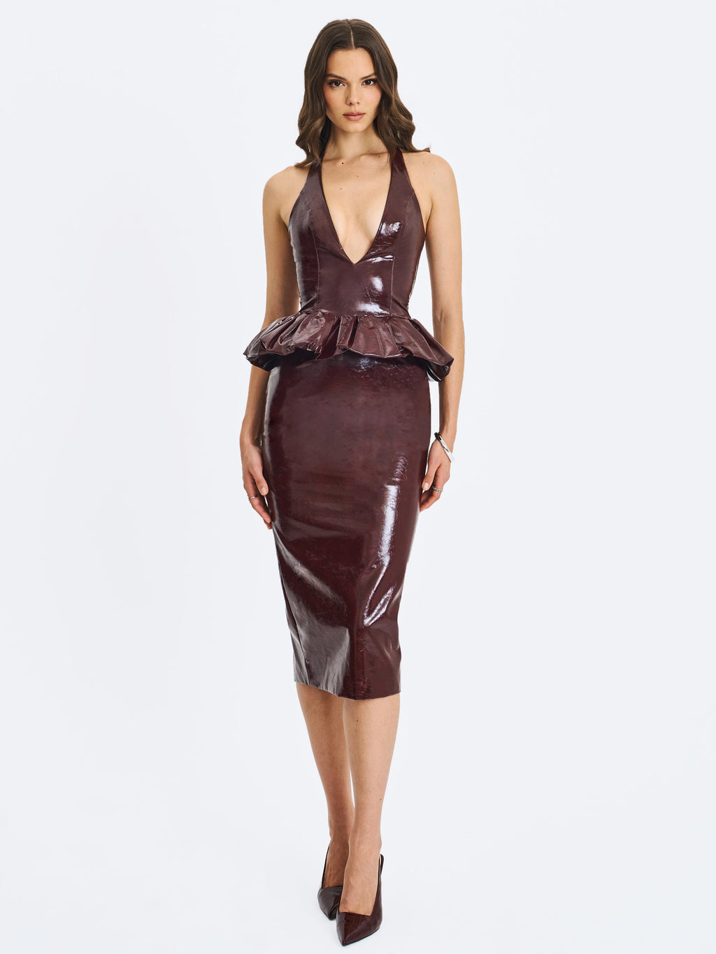 Jaslene Mahogany Ruched Peplum Plunge Halter Midi Dress