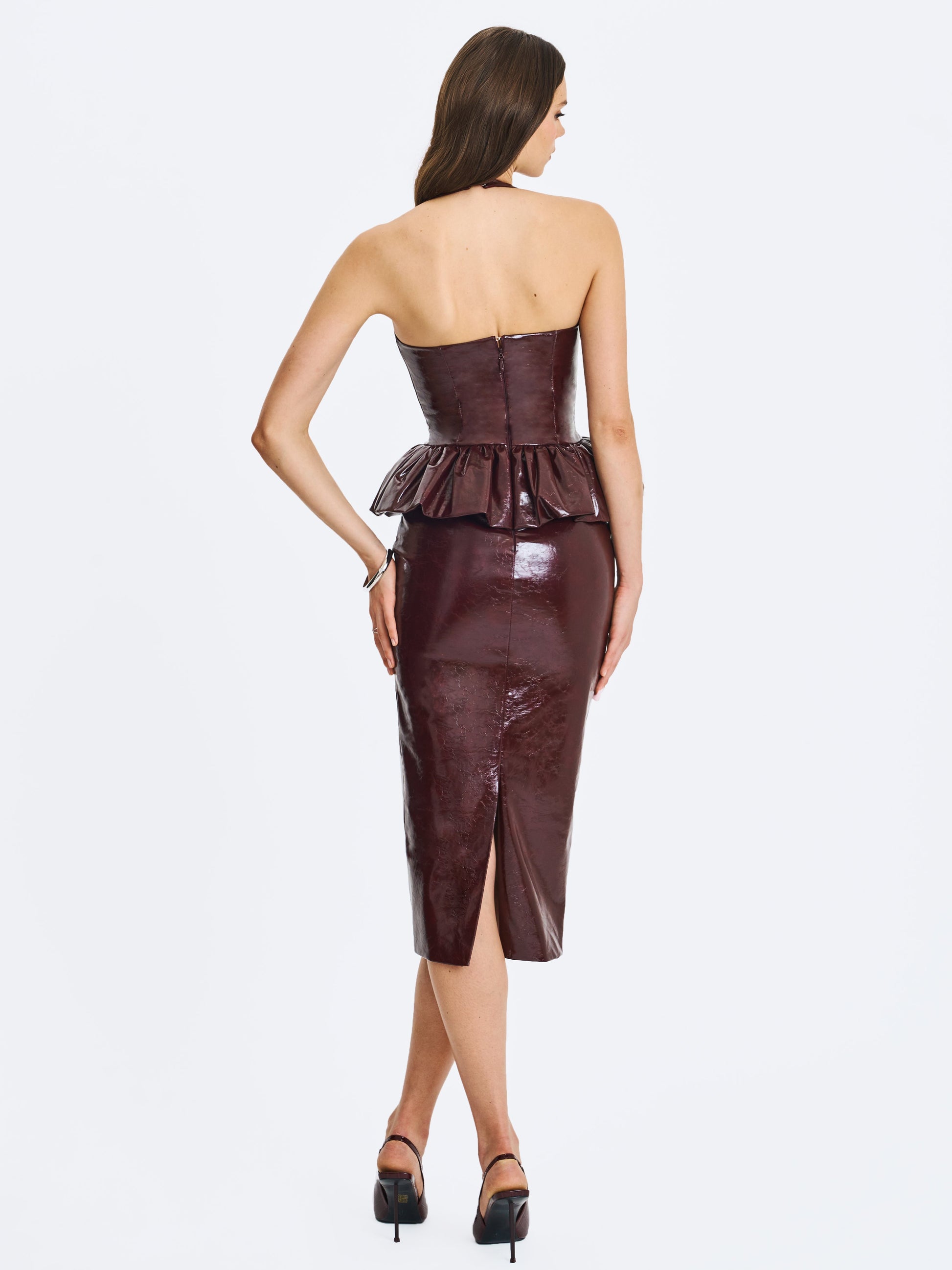 Jaslene Mahogany Ruched Peplum Plunge Halter Midi Dress