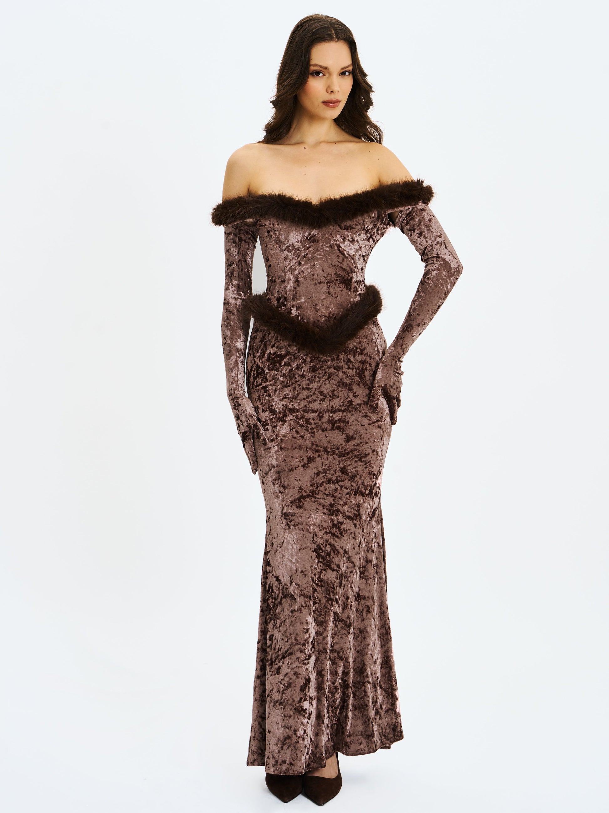 Tessa Coffee Sweetheart Bardot Faux Fur Velvet Mermaid Maxi Dress