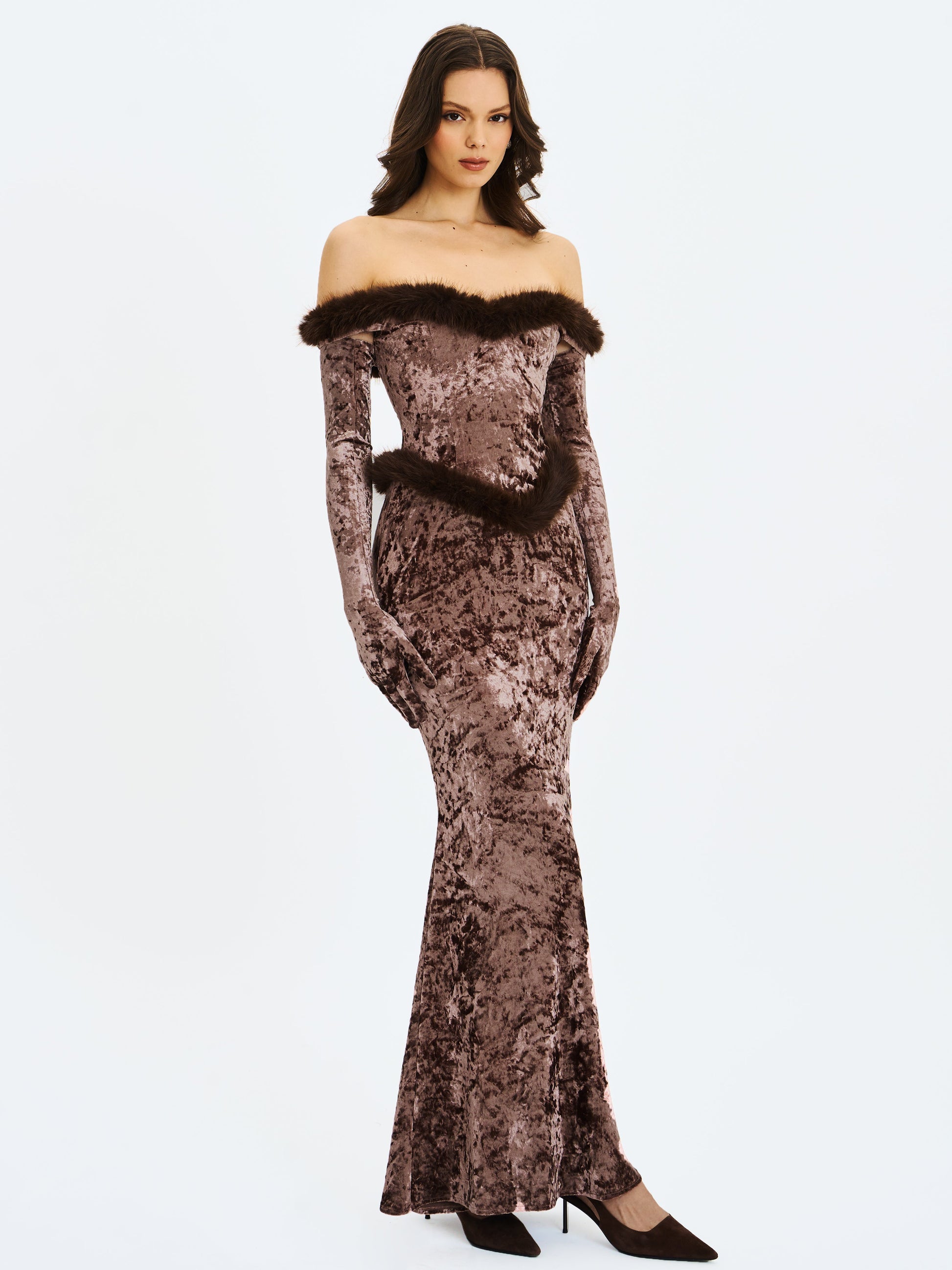 Tessa Coffee Sweetheart Bardot Faux Fur Velvet Mermaid Maxi Dress