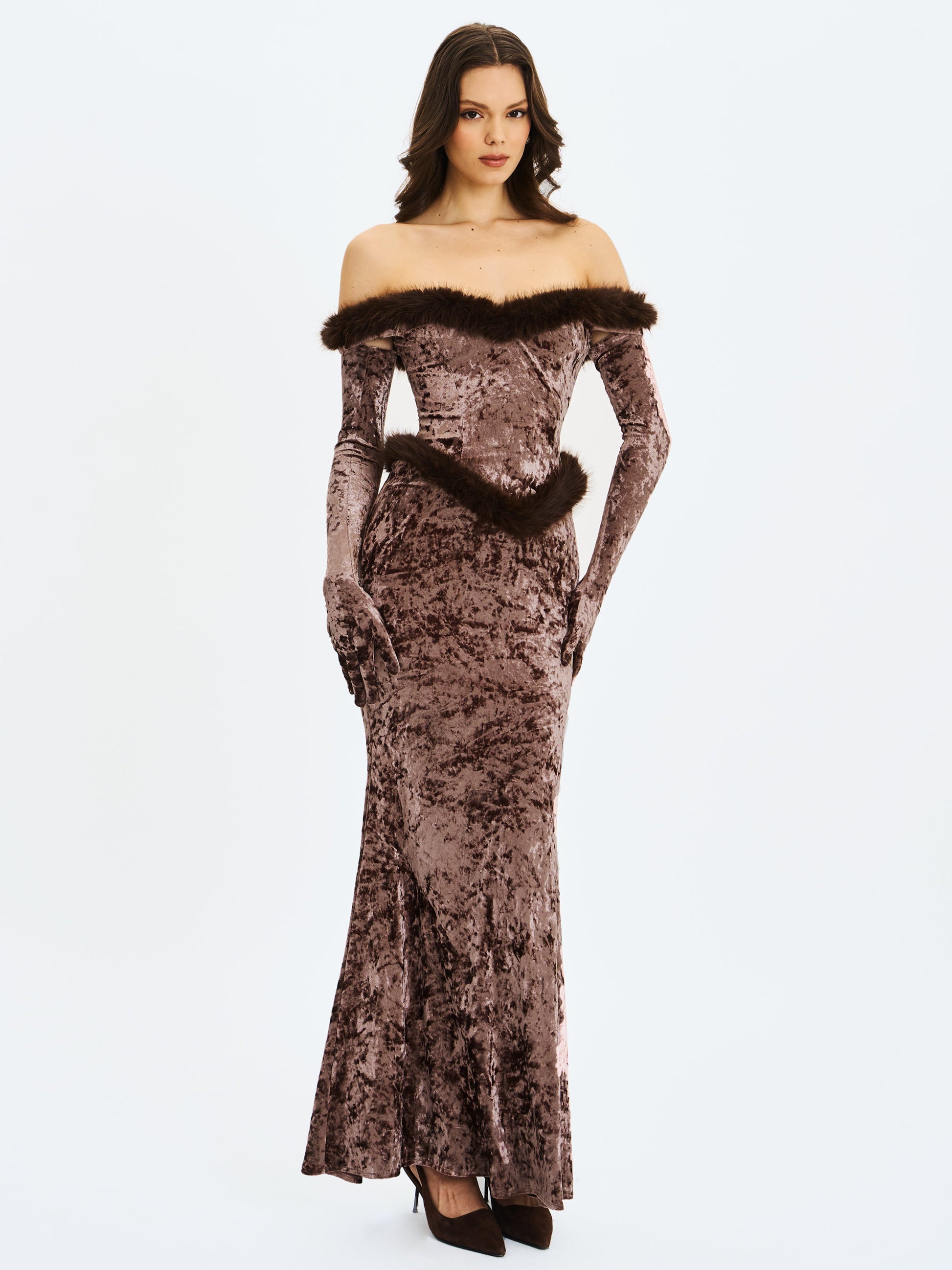 Tessa Coffee Sweetheart Bardot Faux Fur Velvet Mermaid Maxi Dress