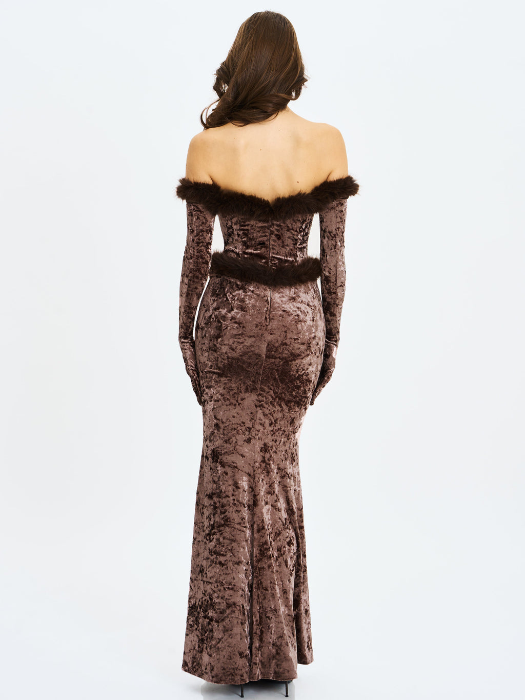 Tessa Coffee Sweetheart Bardot Faux Fur Velvet Mermaid Maxi Dress