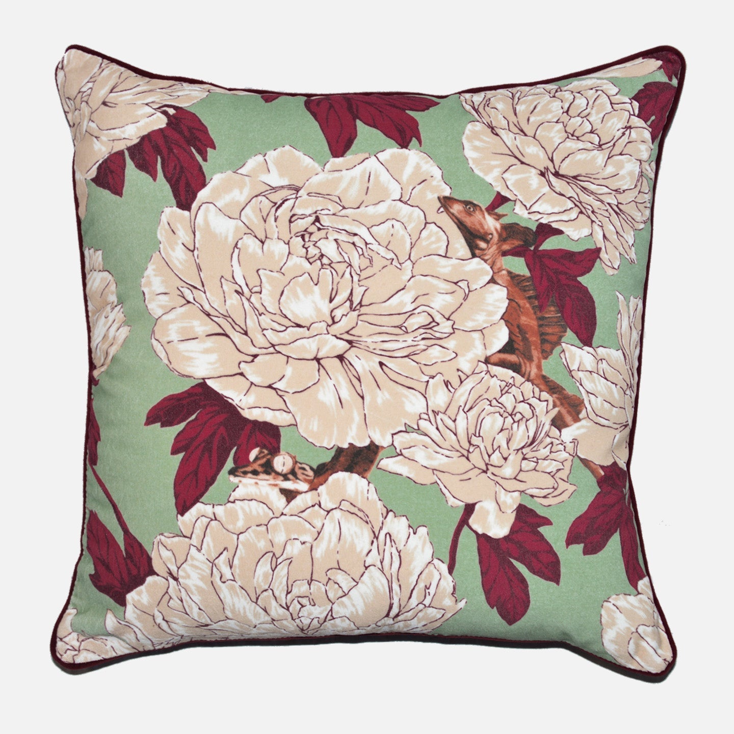 Lizards and Peonies Cushion - Green - HOUSE OF SHE