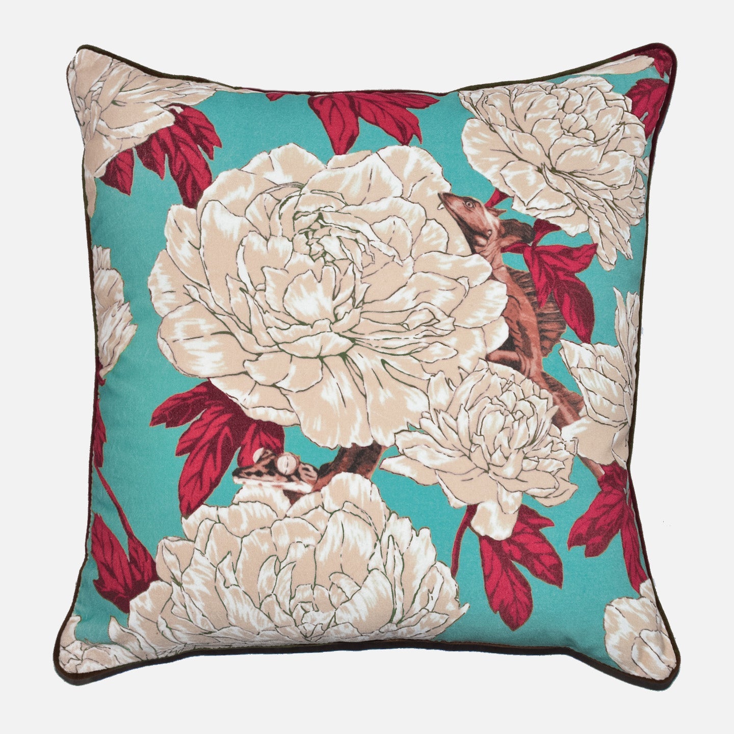 Lizards and Peonies Cushion - Turquoise - HOUSE OF SHE