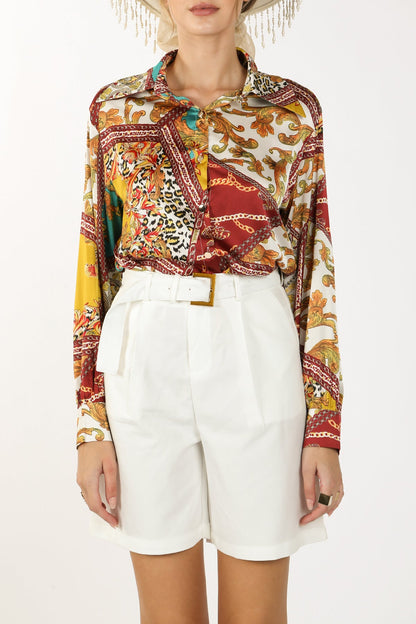 Demi Baroque Style Printed Satin Blouse