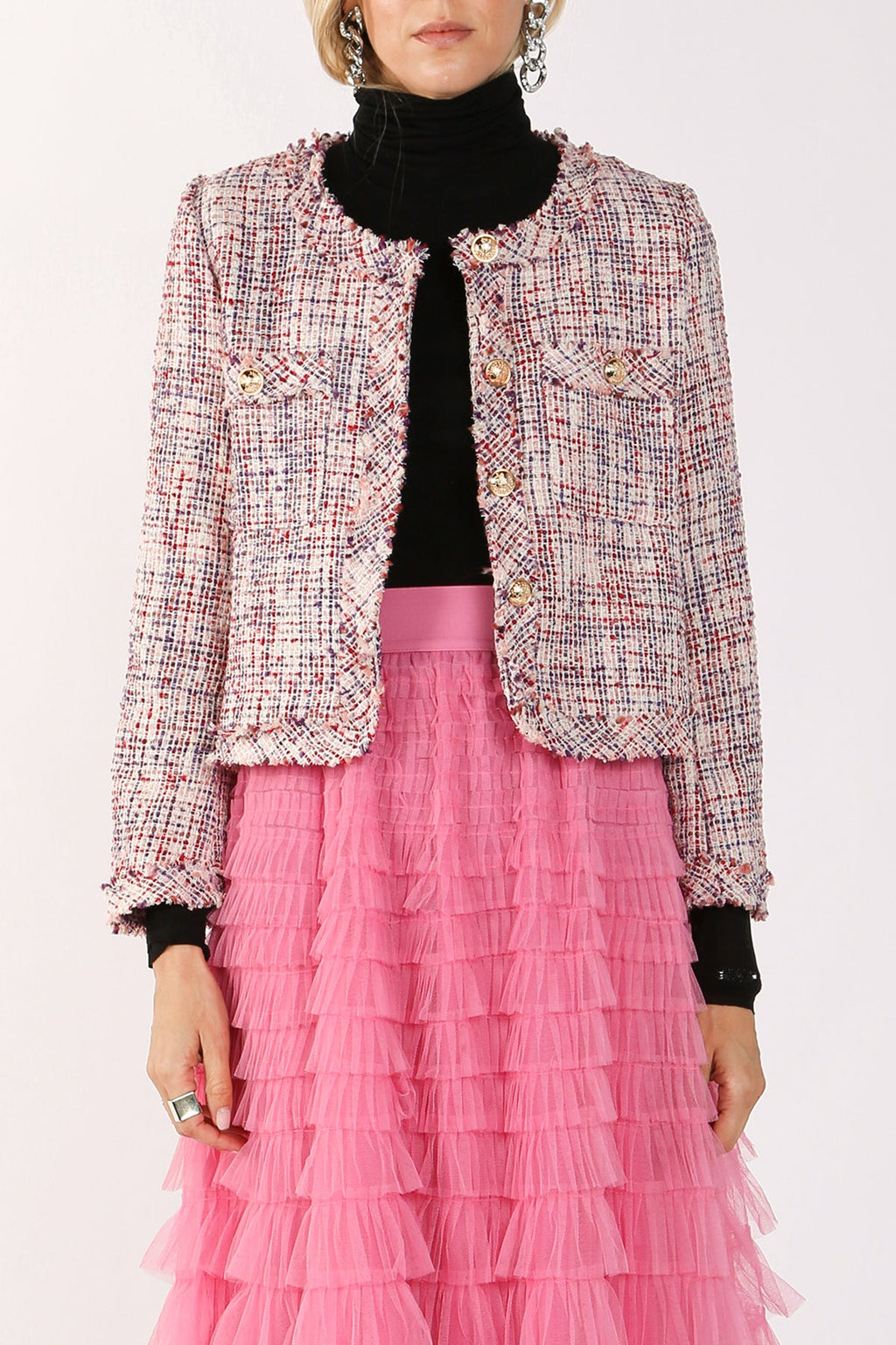 Bella Fringe Trim Tweed Crop Jacket  HOUSE OF SHE