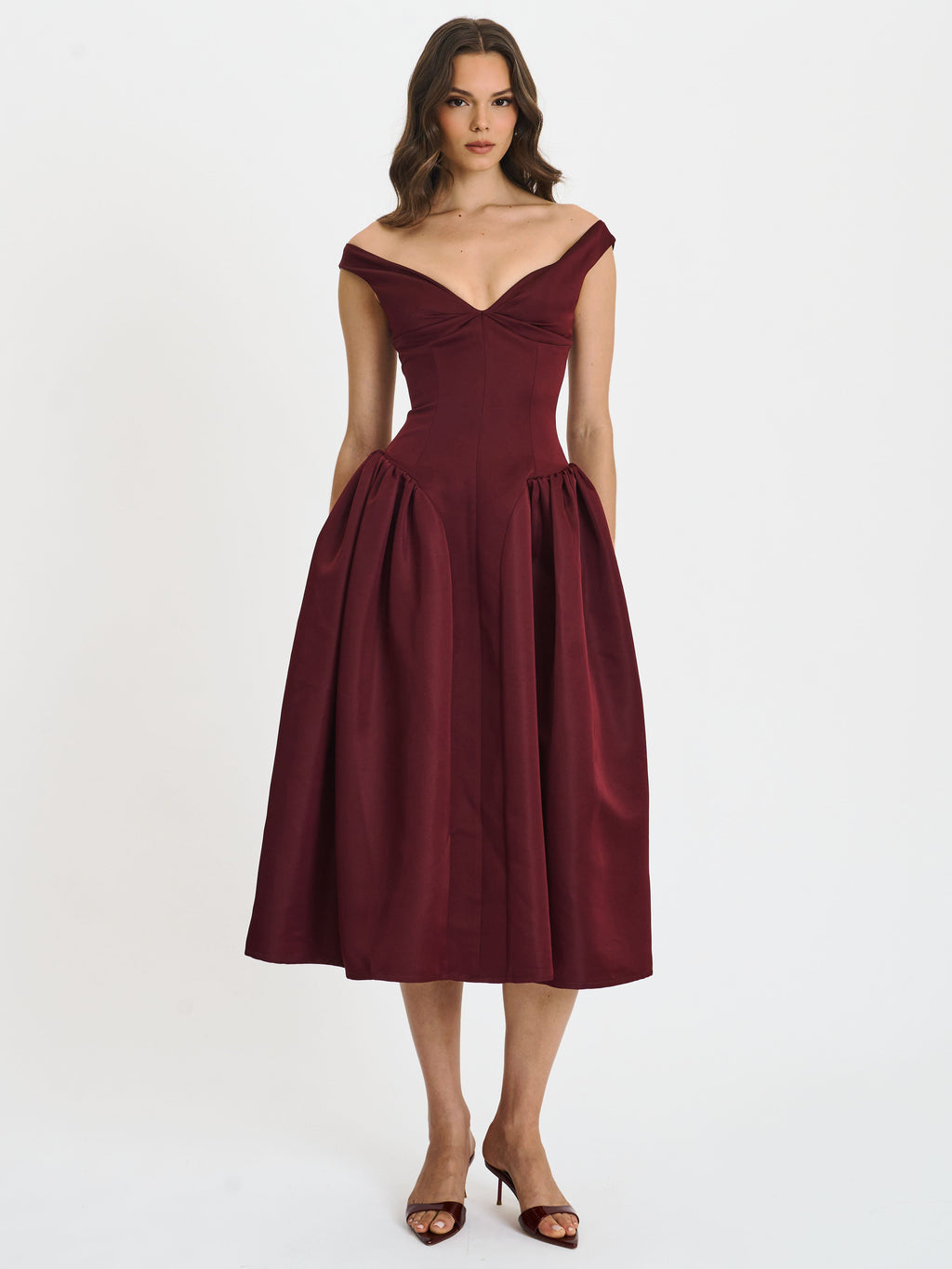 Omella Burgundy Ruched Bust Sweetheart Flared Midi Dress