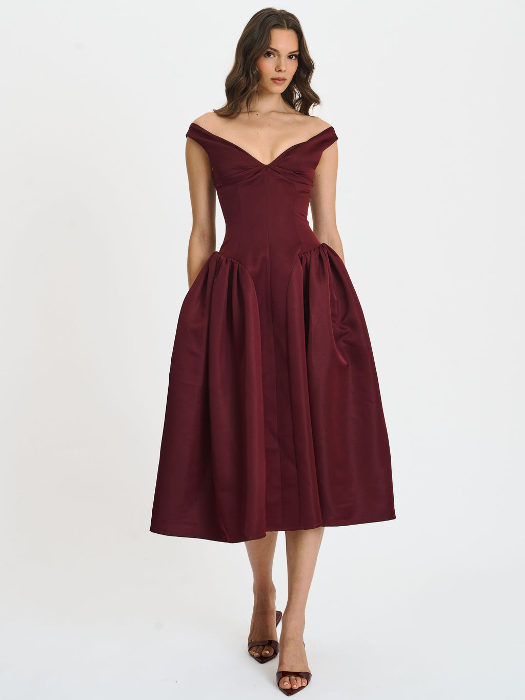 Omella Burgundy Ruched Bust Sweetheart Flared Maxi Dress