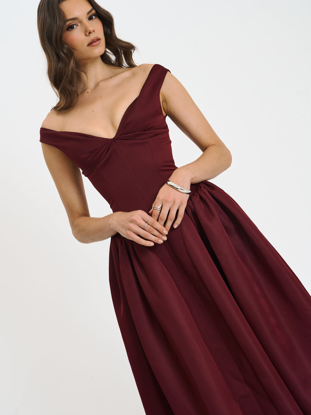 Omella Burgundy Ruched Bust Sweetheart Flared Maxi Dress