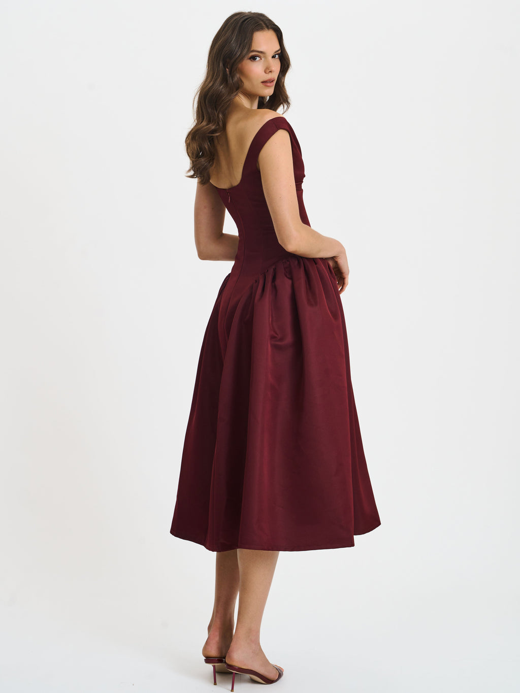 Omella Burgundy Ruched Bust Sweetheart Flared Maxi Dress