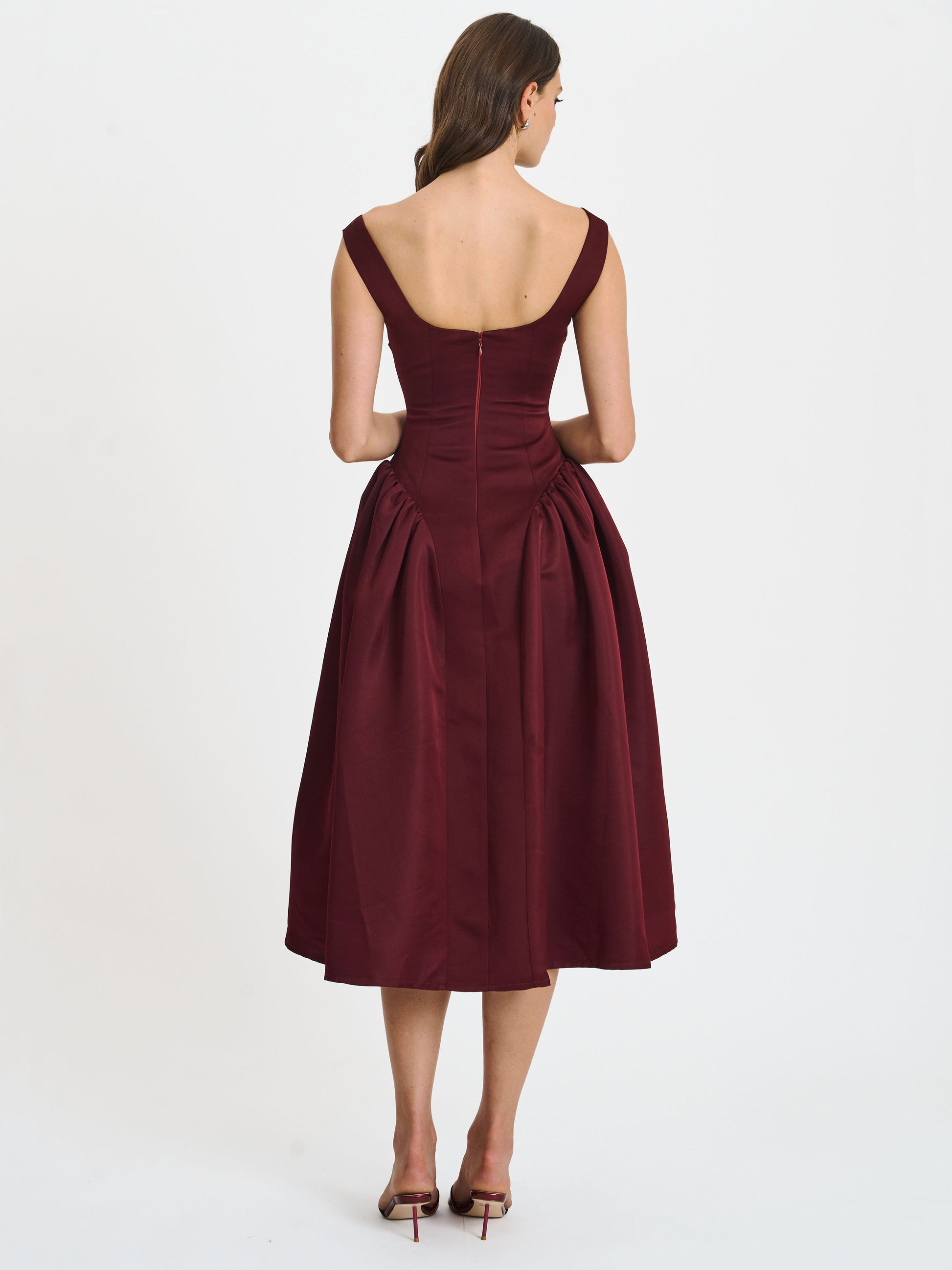 Omella Burgundy Ruched Bust Sweetheart Flared Midi Dress