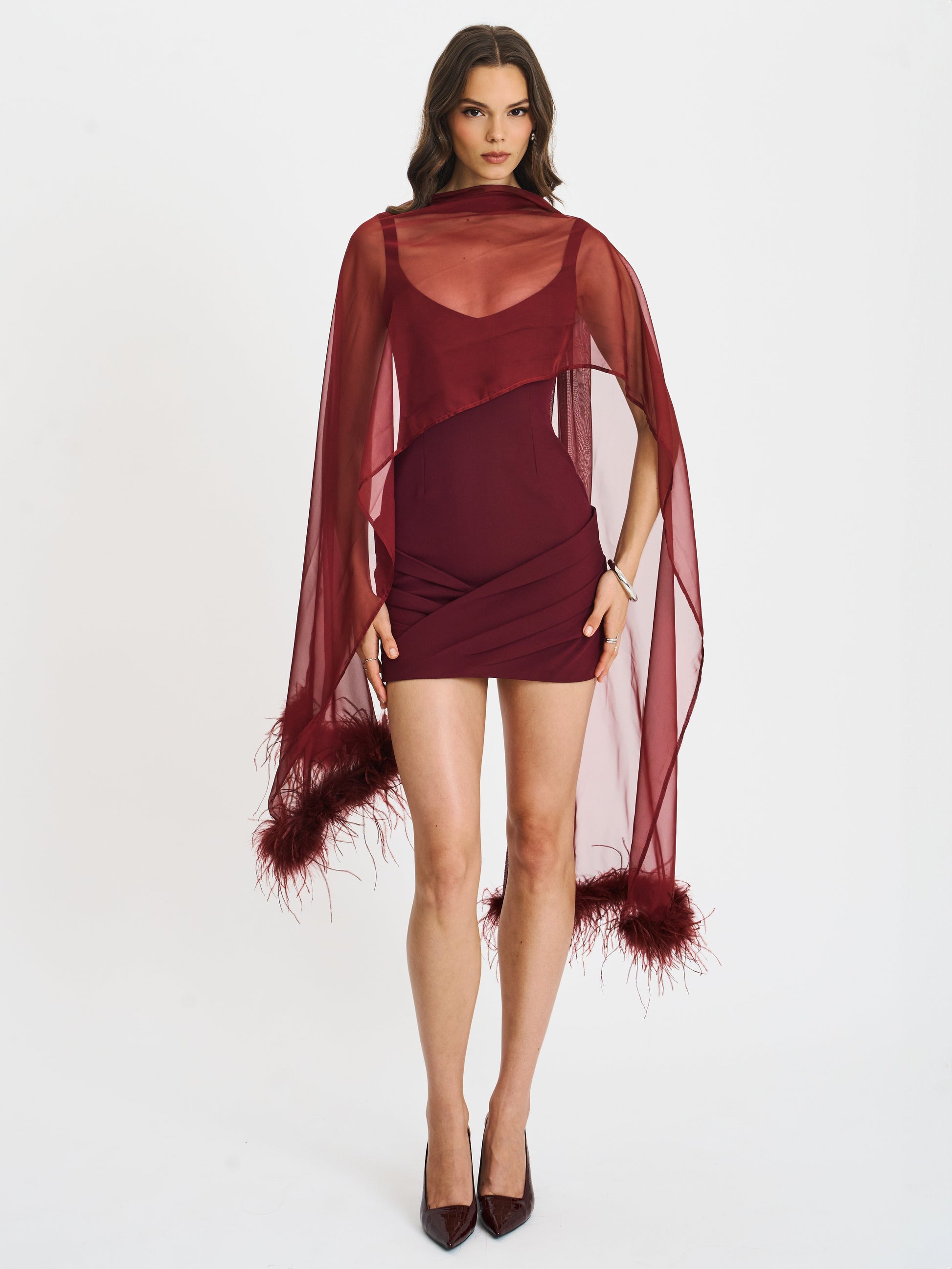 Tori Wine Red Pleated Mini Dress with Chiffon Scarf