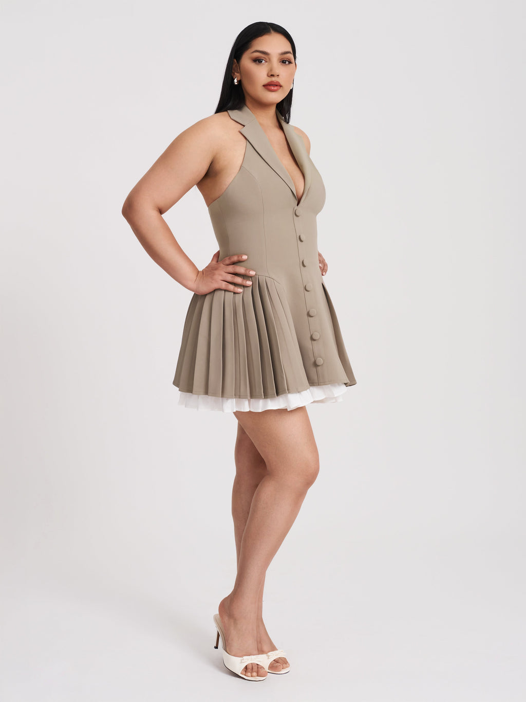 Hazel Brown Preppy Halter Neck Pleated Mini Dress - HOUSE OF SHE
