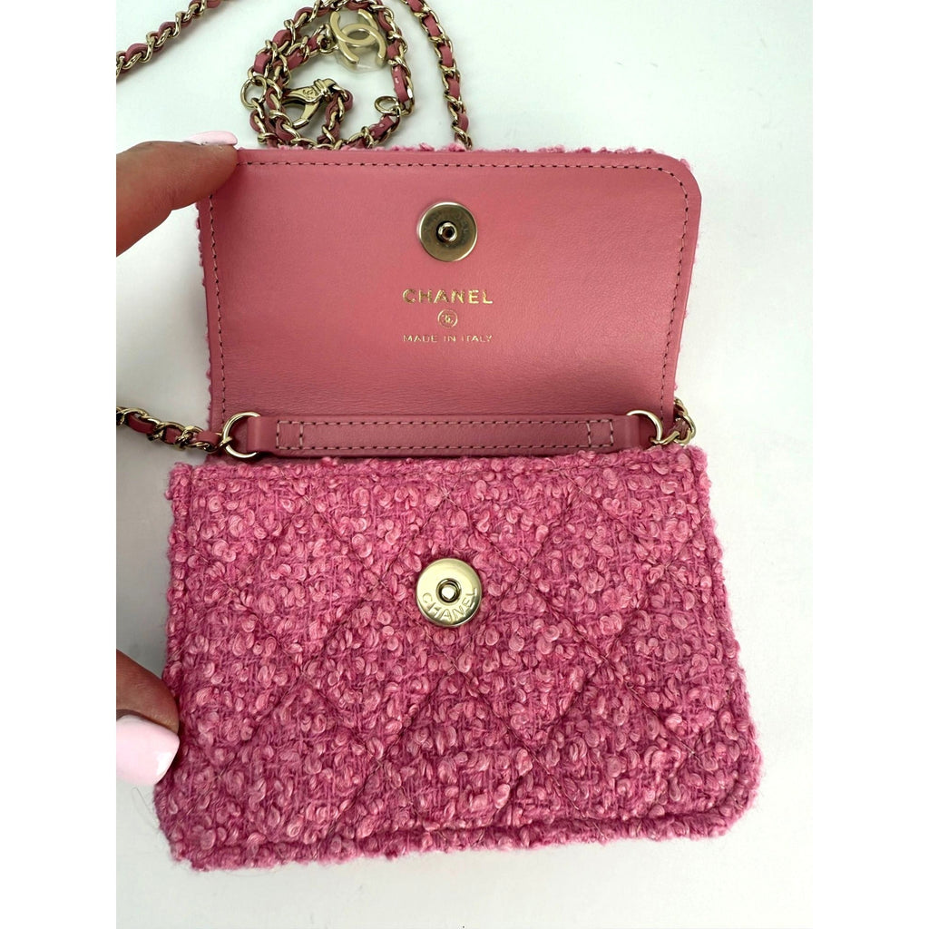 Chanel Tweed Quilted Mini Flap Pink Chain Waist Shoulder Bag - HOUSE OF SHE