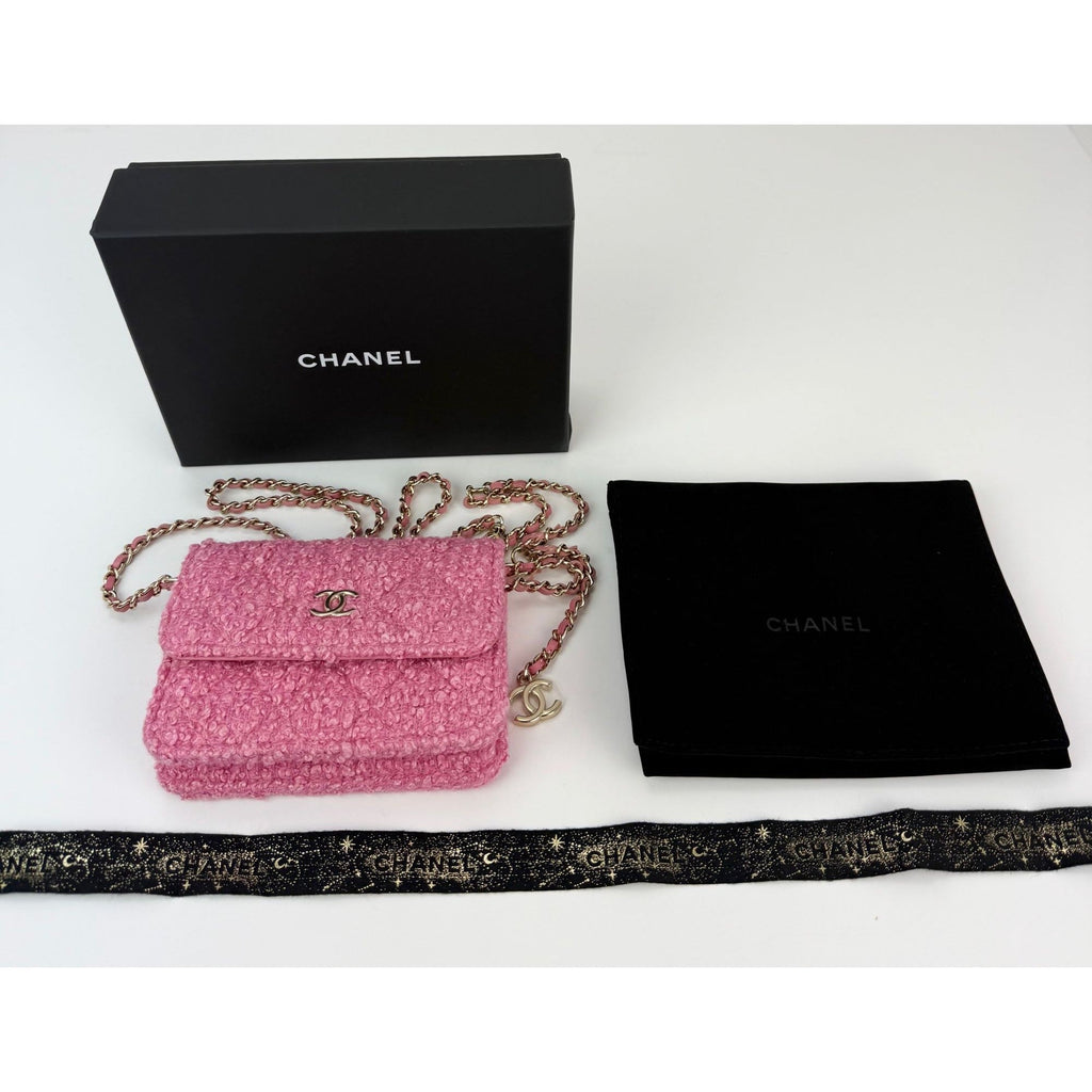 Chanel Tweed Quilted Mini Flap Pink Chain Waist Shoulder Bag - HOUSE OF SHE