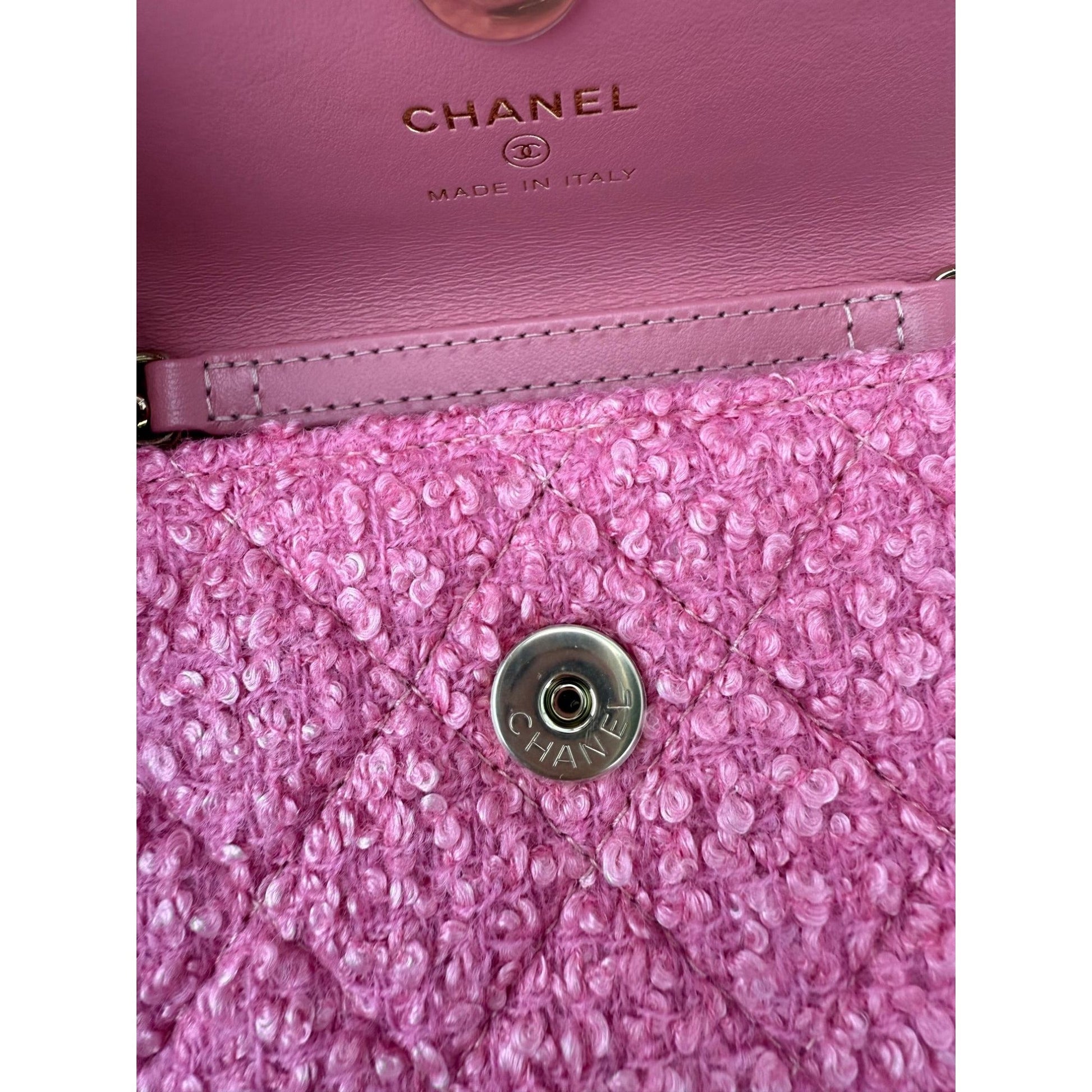Chanel Tweed Quilted Mini Flap Pink Chain Waist Shoulder Bag - HOUSE OF SHE