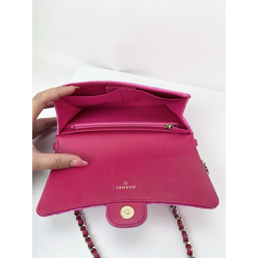 Chanel Velvet Quilted Timeless Fuchsia Wallet on a Chain Clutch Bag - HOUSE OF SHE