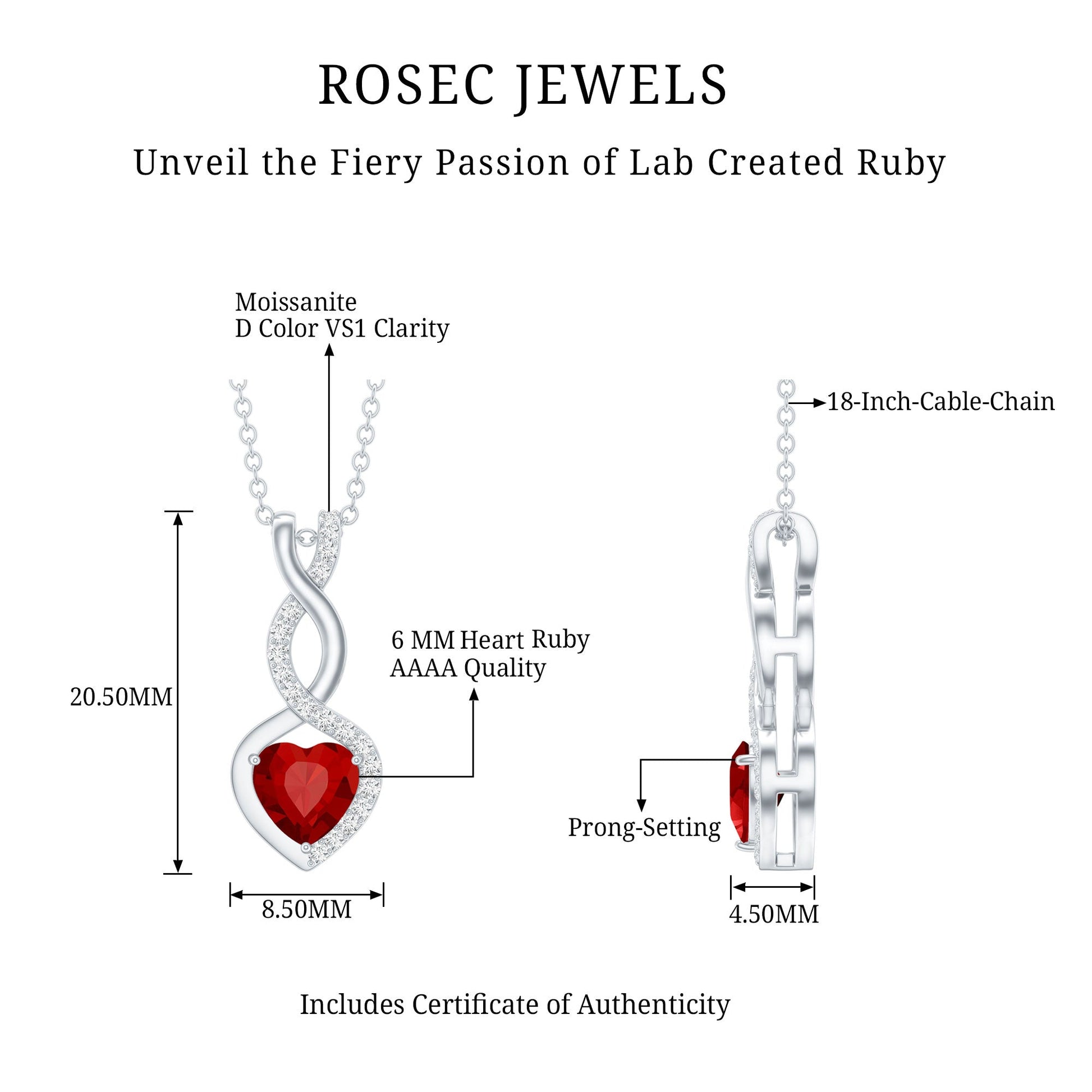 1 Carat Lab Grown Ruby Heart and Infinity Necklace with Silver Chain