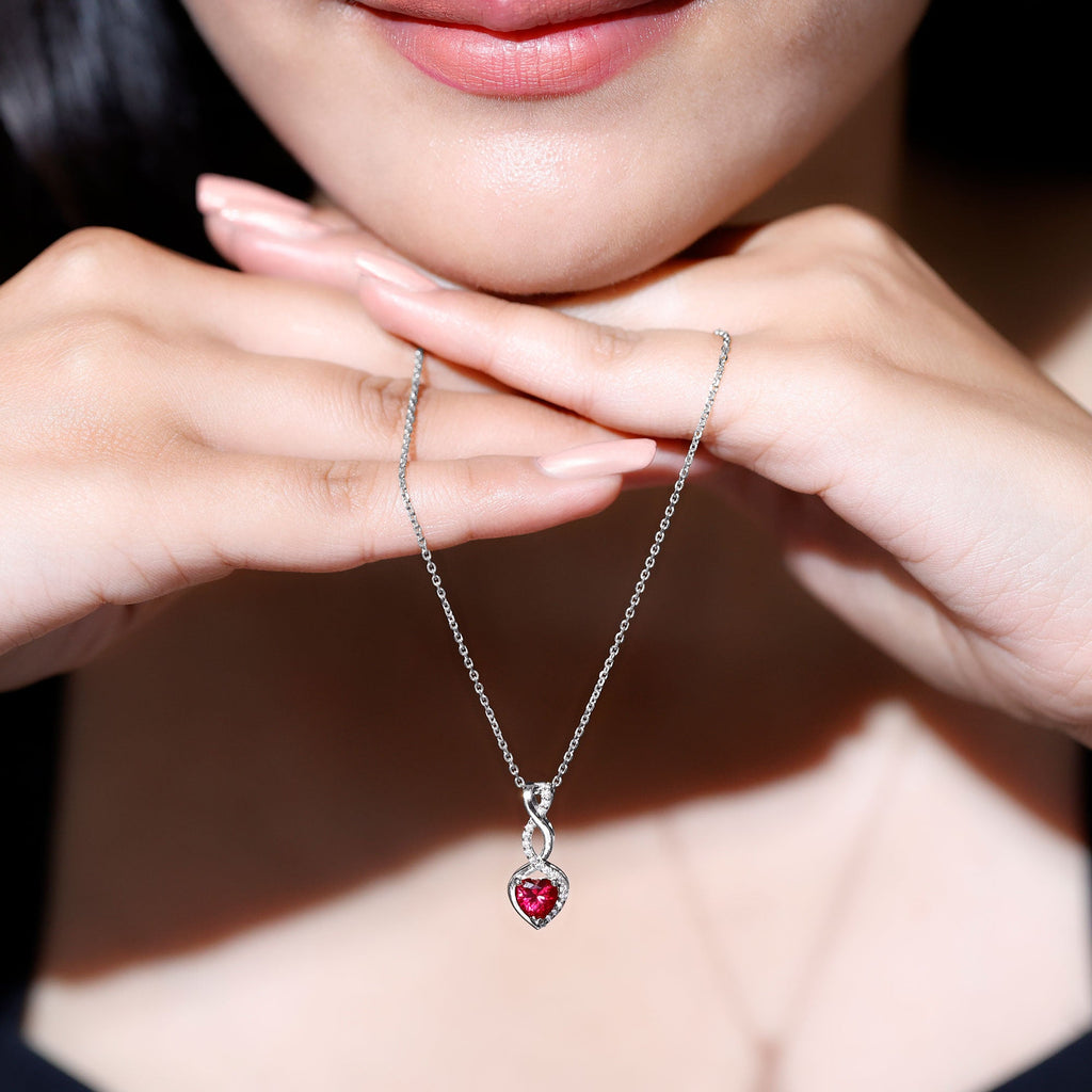 1 Carat Lab Grown Ruby Heart and Infinity Necklace with Silver Chain