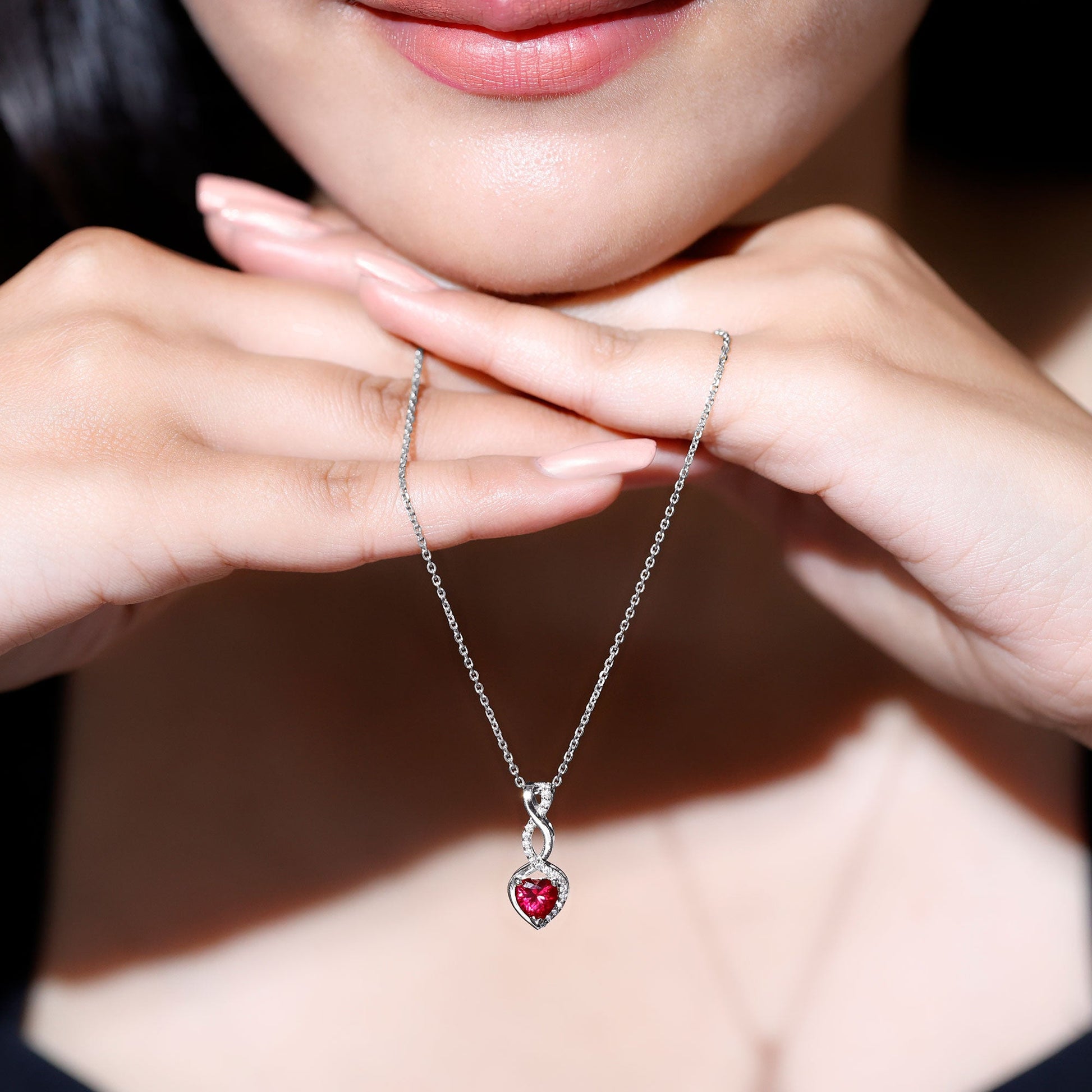 1 Carat Lab Grown Ruby Heart and Infinity Necklace with Silver Chain