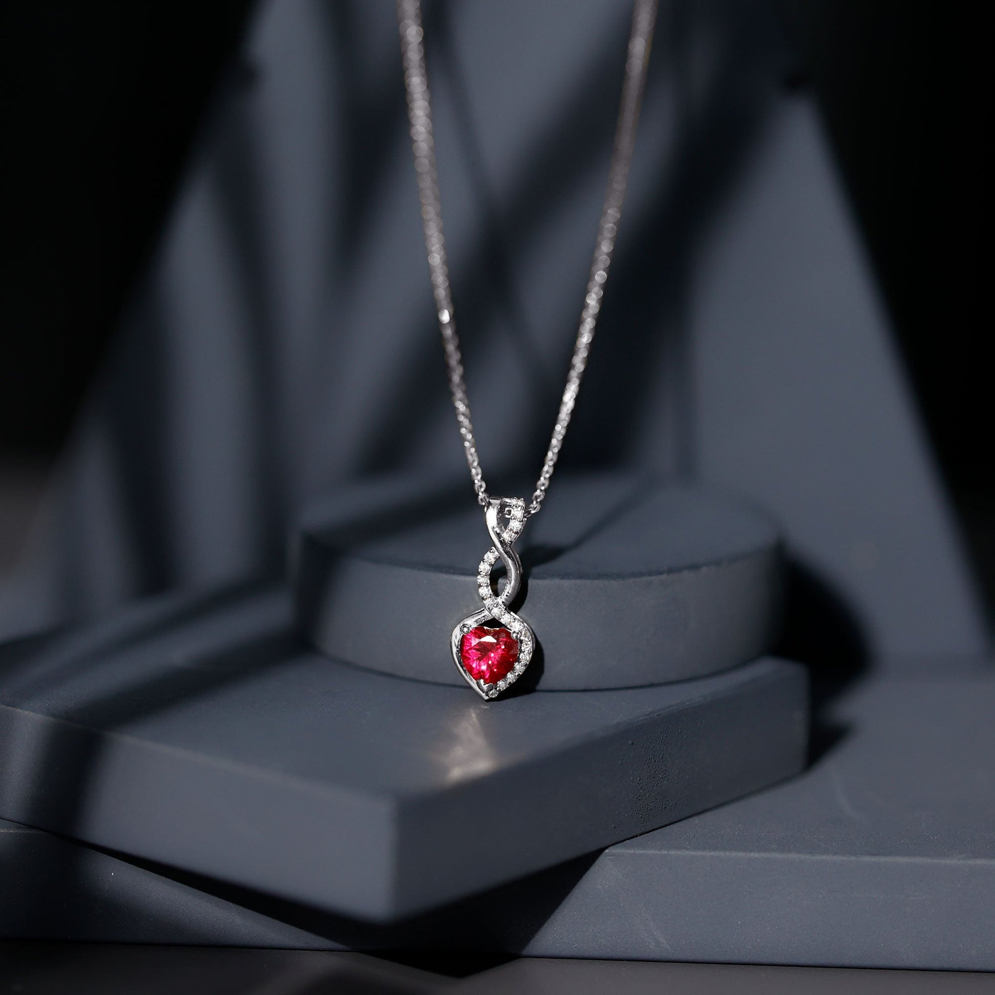 1 Carat Lab Grown Ruby Heart and Infinity Necklace with Silver Chain