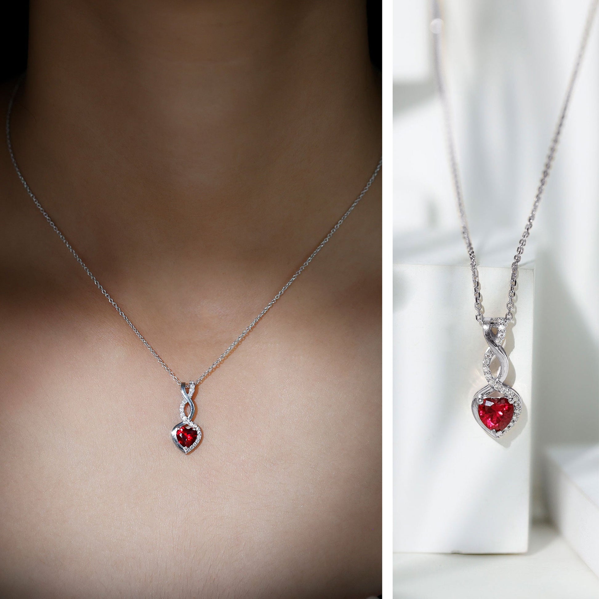 1 Carat Lab Grown Ruby Heart and Infinity Necklace with Silver Chain