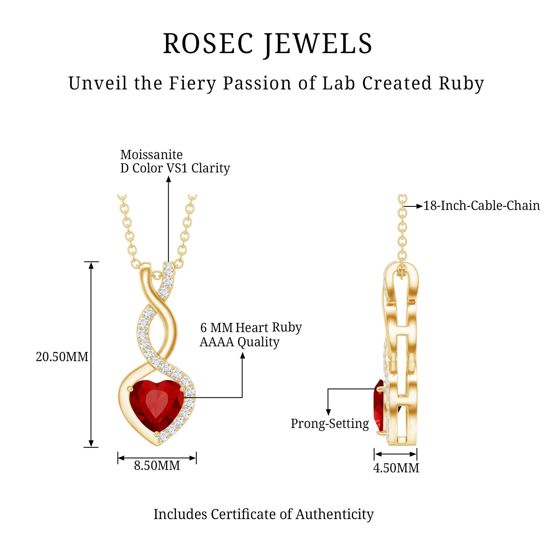 1 Carat Lab Grown Ruby Heart and Infinity Necklace with Silver Chain