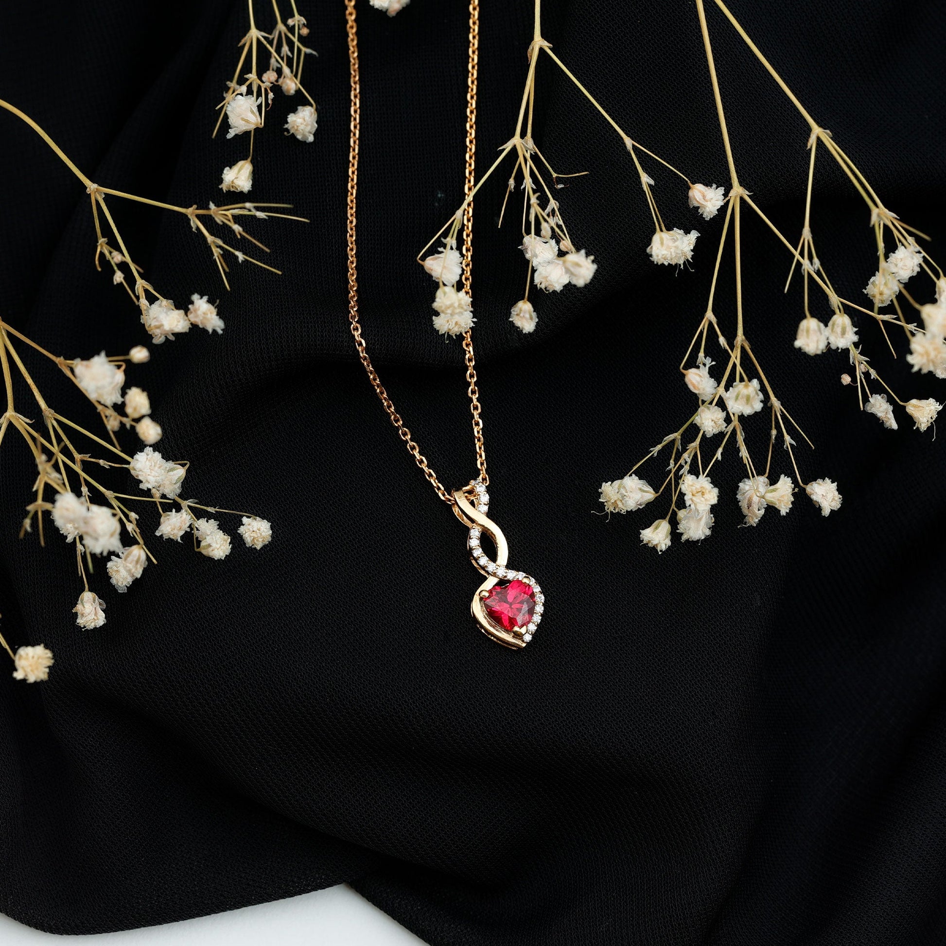 1 Carat Lab Grown Ruby Heart and Infinity Necklace with Silver Chain