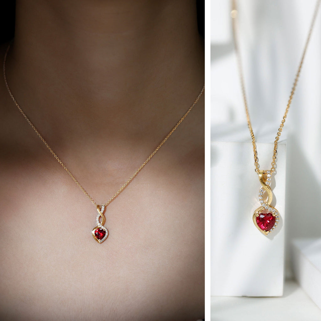 1 Carat Lab Grown Ruby Heart and Infinity Necklace with Silver Chain