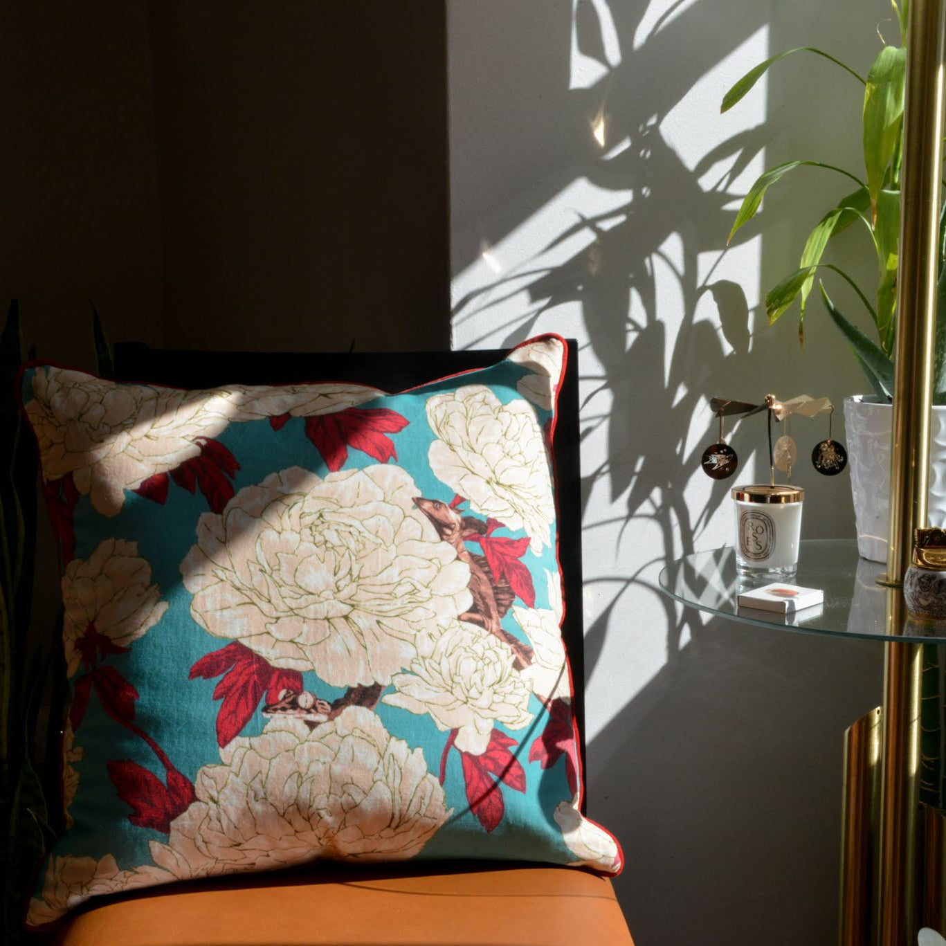 Lizards and Peonies Cushion - Turquoise - HOUSE OF SHE