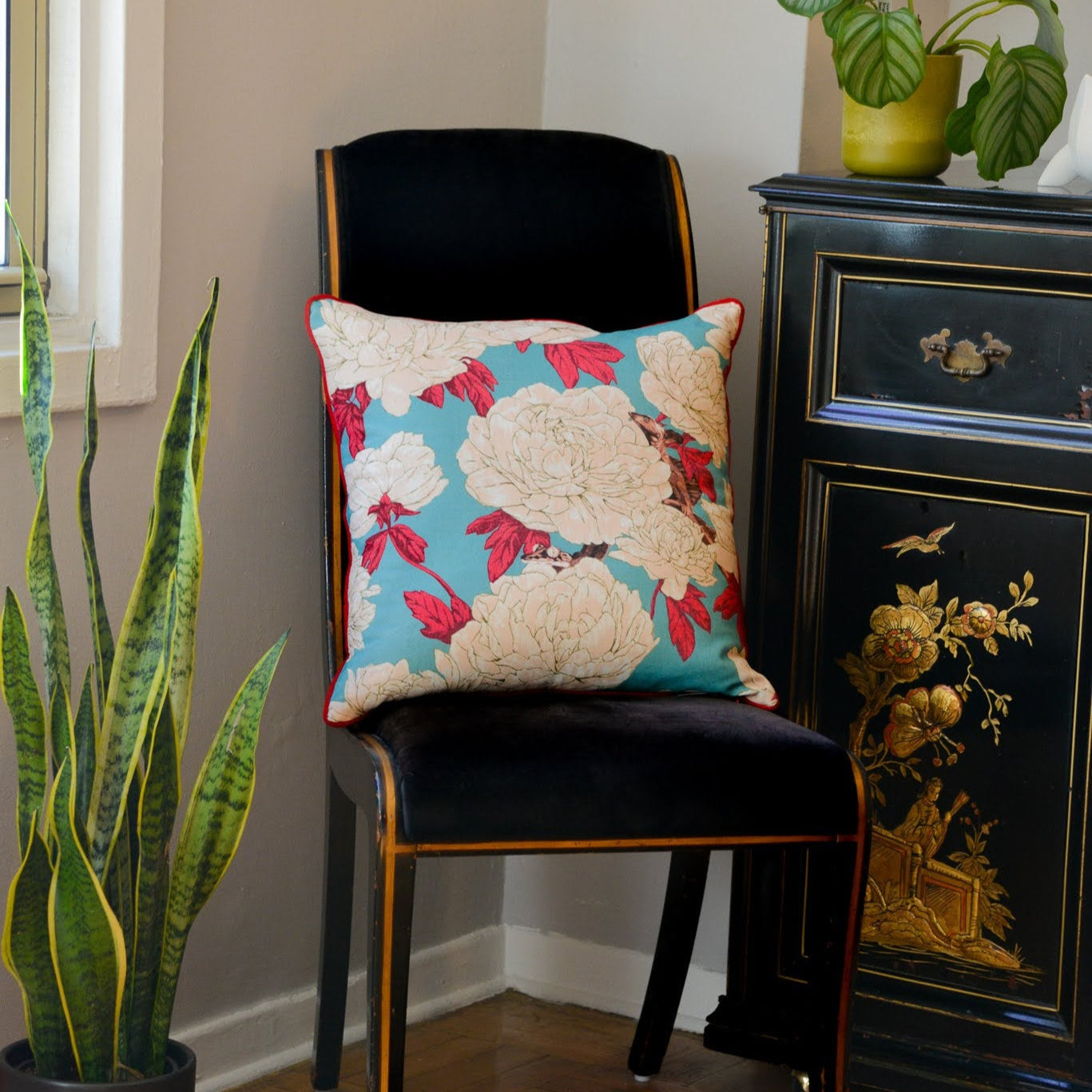 Lizards and Peonies Cushion - Turquoise - HOUSE OF SHE