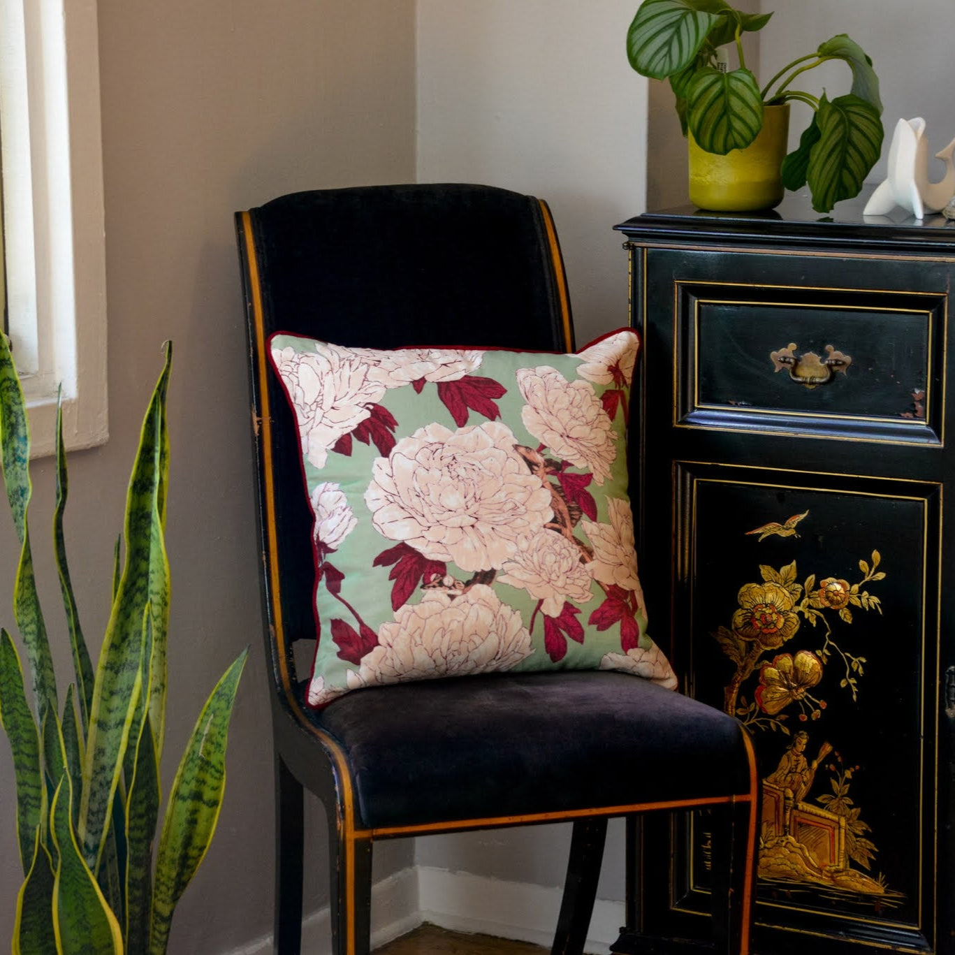 Lizards and Peonies Cushion - Green - HOUSE OF SHE