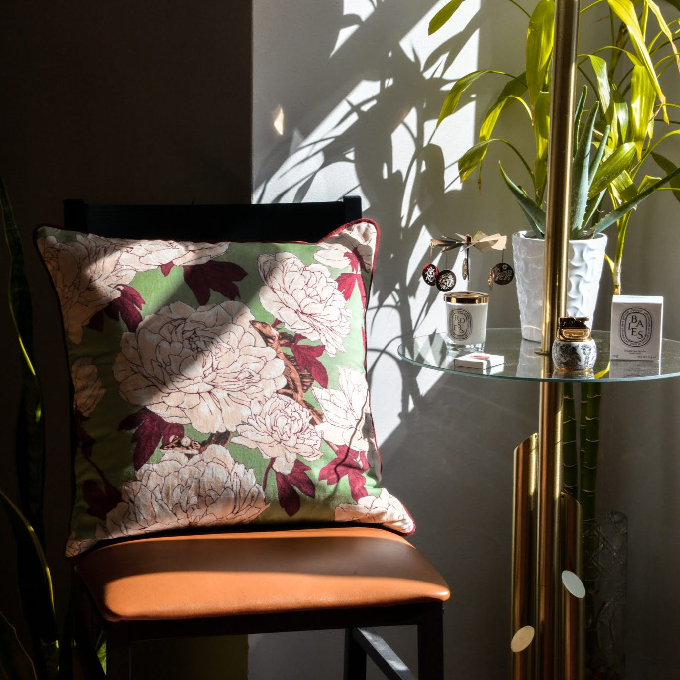 Lizards and Peonies Cushion - Green - HOUSE OF SHE