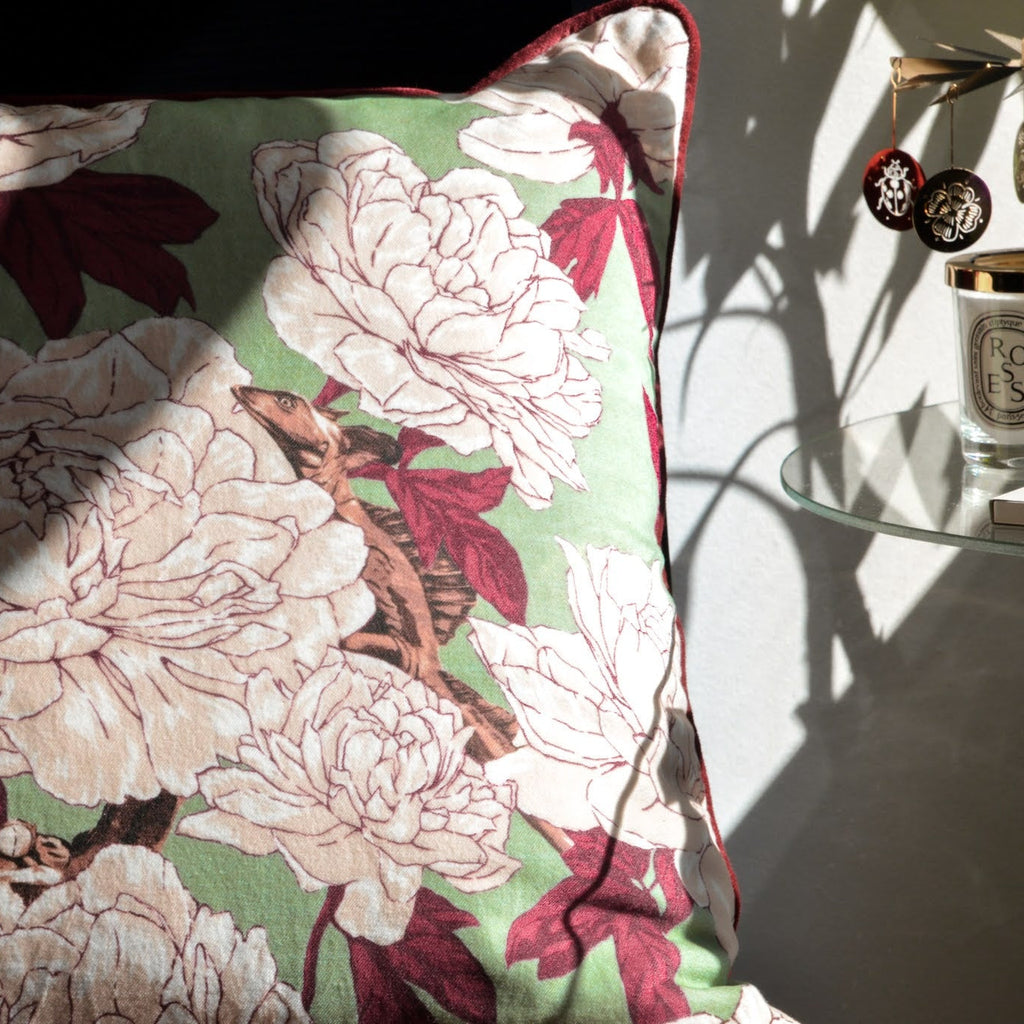 Lizards and Peonies Cushion - Green - HOUSE OF SHE