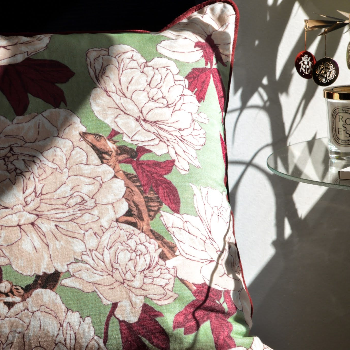 Lizards and Peonies Cushion - Green - HOUSE OF SHE