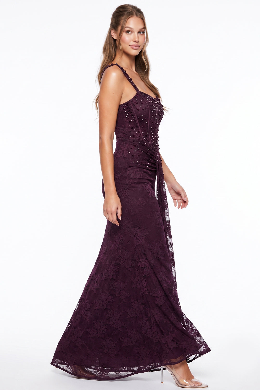 Pearl & Rhinestone Lace Corset Maxi Dress