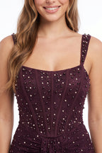 Pearl & Rhinestone Lace Corset Maxi Dress