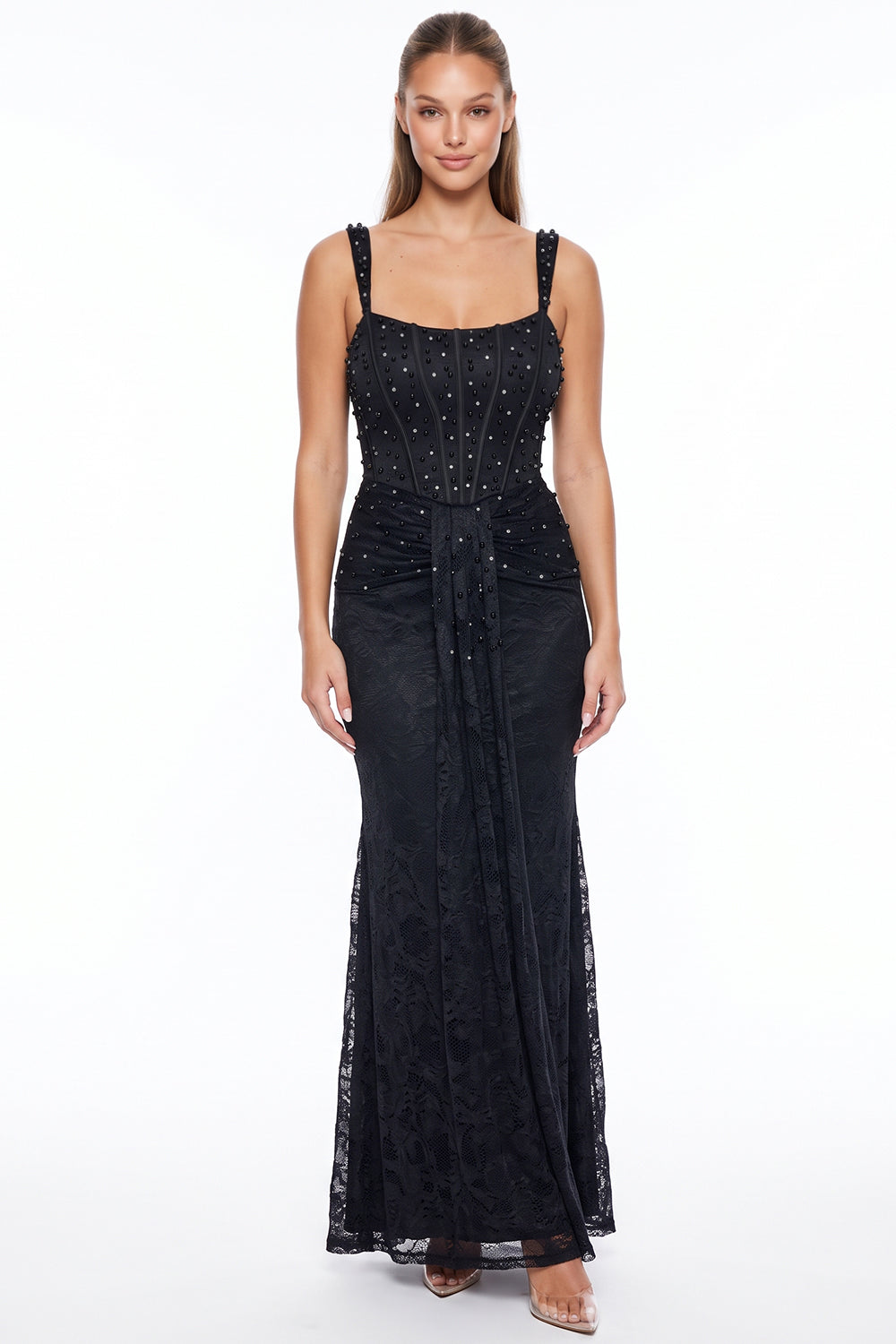 Pearl & Rhinestone Lace Corset Maxi Dress