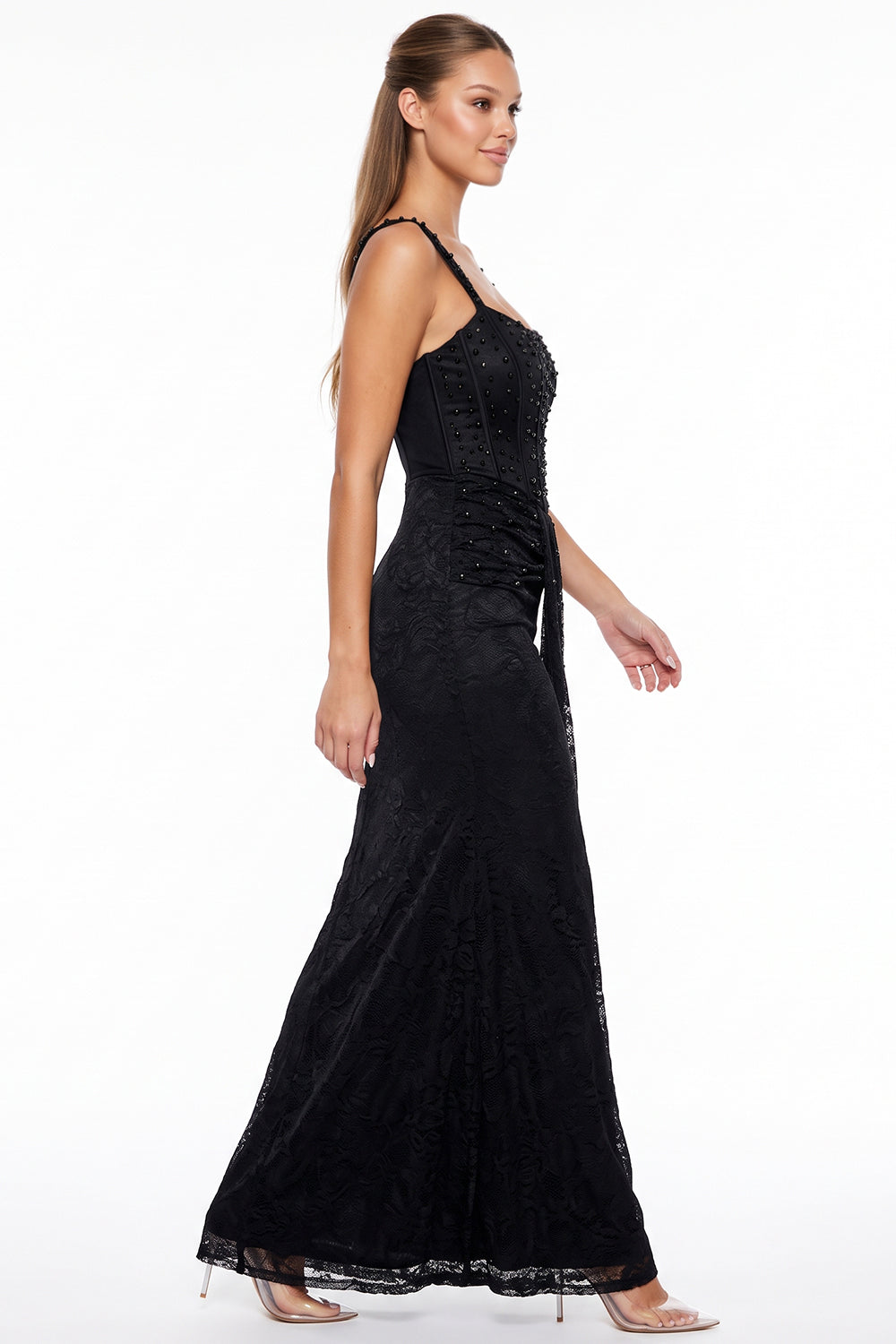 Pearl & Rhinestone Lace Corset Maxi Dress