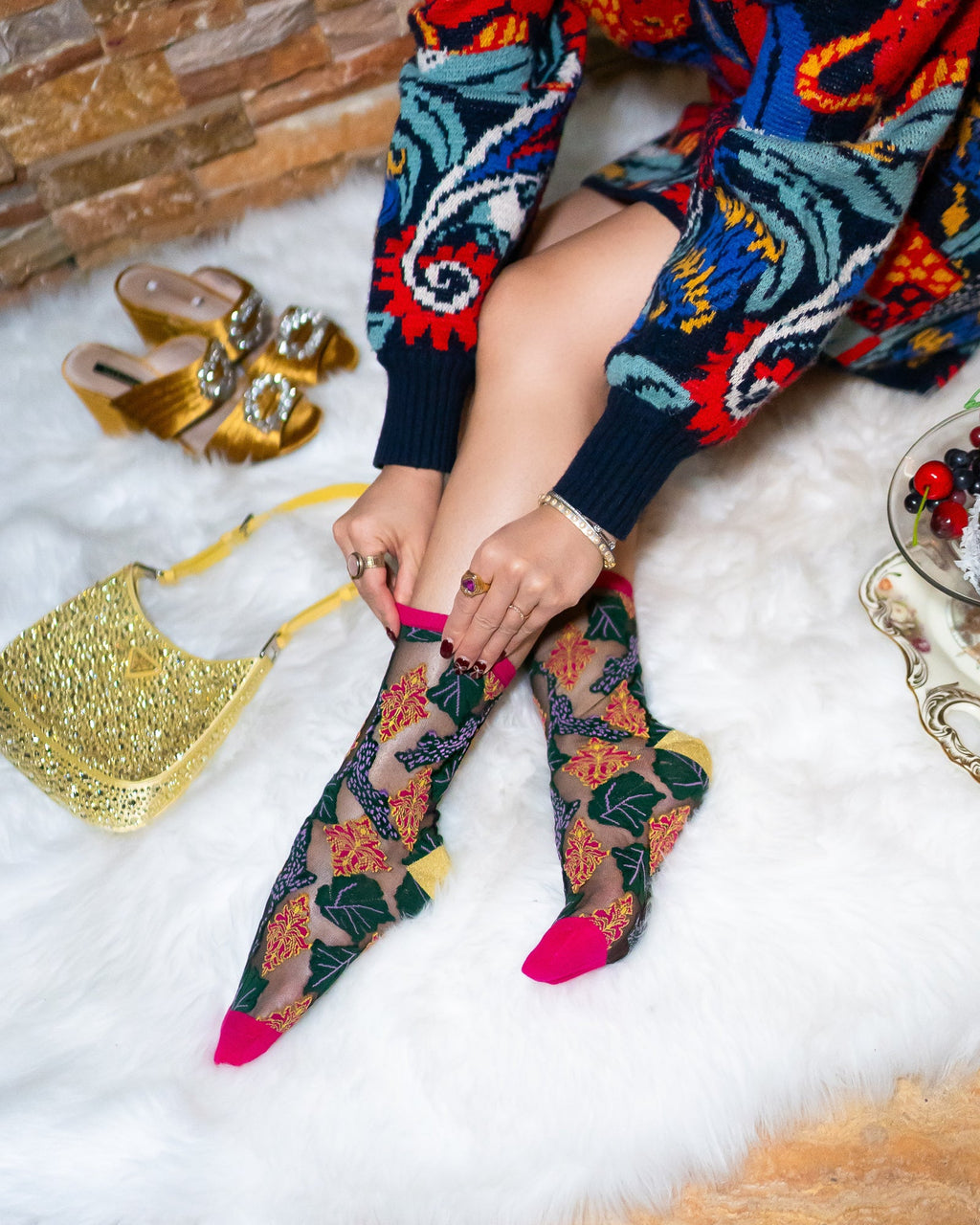 Brocade Jaguar Black Sheer Crew Sock  HOUSE OF SHE
