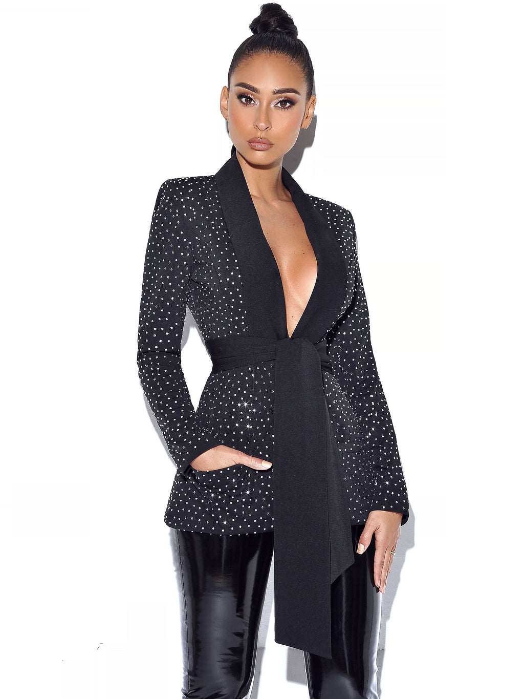 Visionary Crystal Embellished Black Blazer Jacket  HOUSE OF SHE