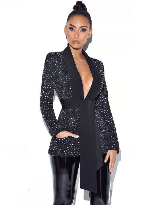 Visionary Crystal Embellished Black Blazer Jacket