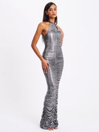 Abril Ruched Silver Glitter Backless Gown - HOUSE OF SHE